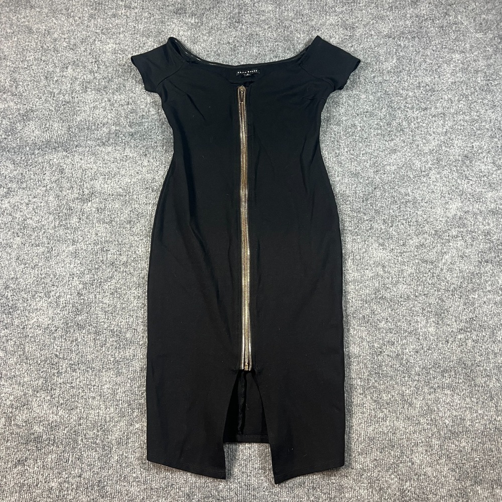 Haute‎ Monde Bodycon Midi Dress Womens Small Black Cap Sleeve Front Zip V-Neck - Picture 4 of 11